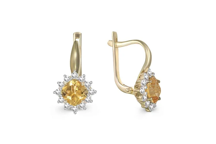 Серьги из жёлтого золота с 2 цитринами и 24 фианитами