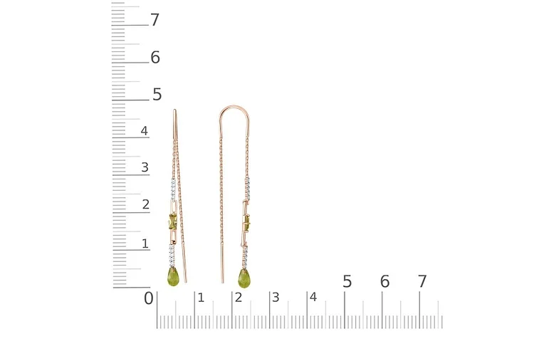 Серьги-продёвки из красного золота с 4 хризолитами и 20 фианитами