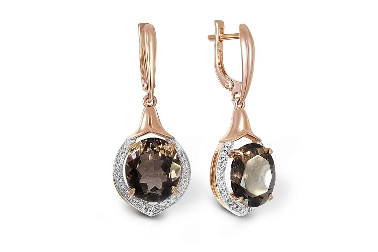 Серьги из красного золота с 2 раухтопазами и 54 фианитами