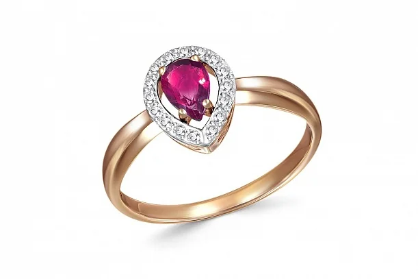 Кольцо из красного золота с корундом и 16 бриллиантами