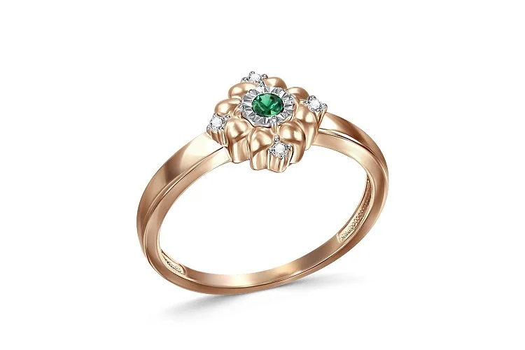 Кольцо Цветок из красного золота с изумрудом и 4 бриллиантами