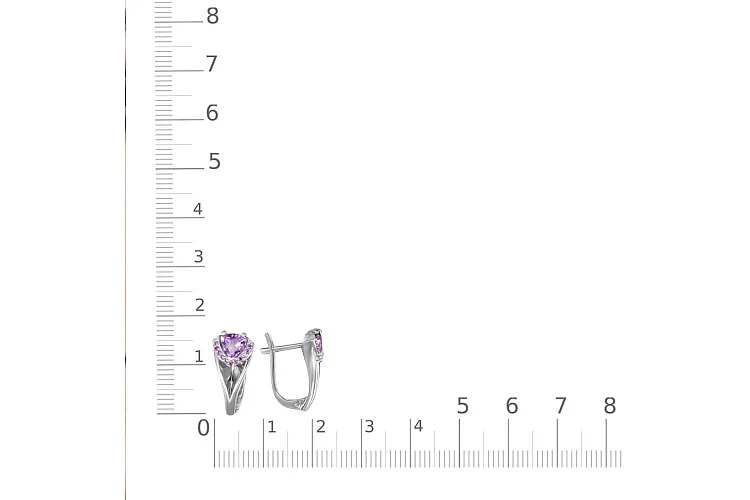 Серьги из белого золота с 2 аметистами и 22 фианитами