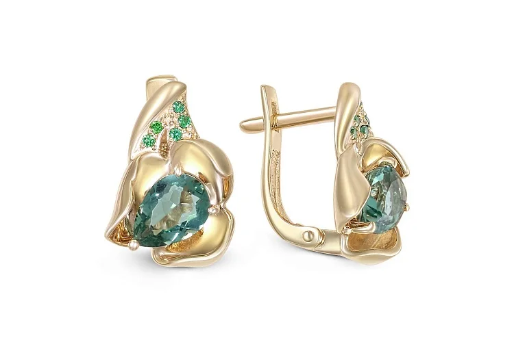 Серьги Цветы из жёлтого золота с 2 кварцами и 10 фианитами