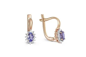 Серьги из красного золота с 2 танзанитами и 24 фианитами