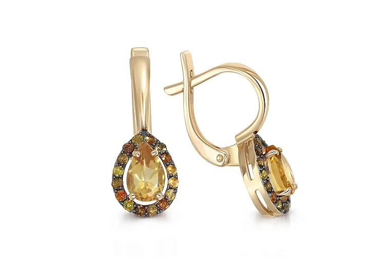 Серьги из жёлтого золота с 2 цитринами и 32 турмалинами