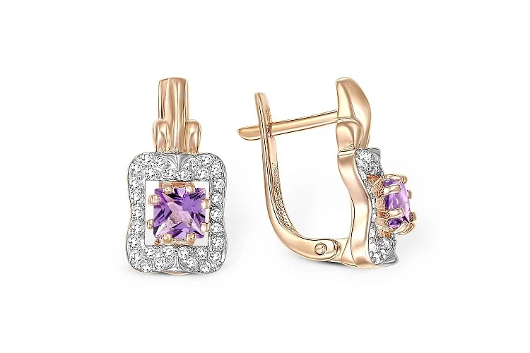 Серьги из красного золота с 2 аметистами и 60 фианитами