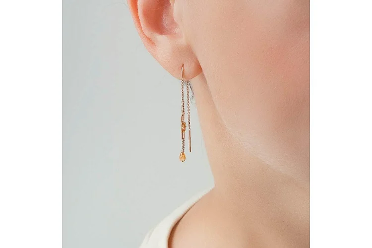 Серьги-продёвки из красного золота с 4 цитринами и 20 фианитами