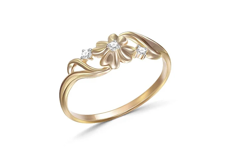 Кольцо Цветок из жёлтого золота с 3 фианитами