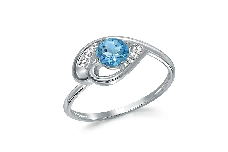 Кольцо из белого золота с топазом swiss и 6 фианитами
