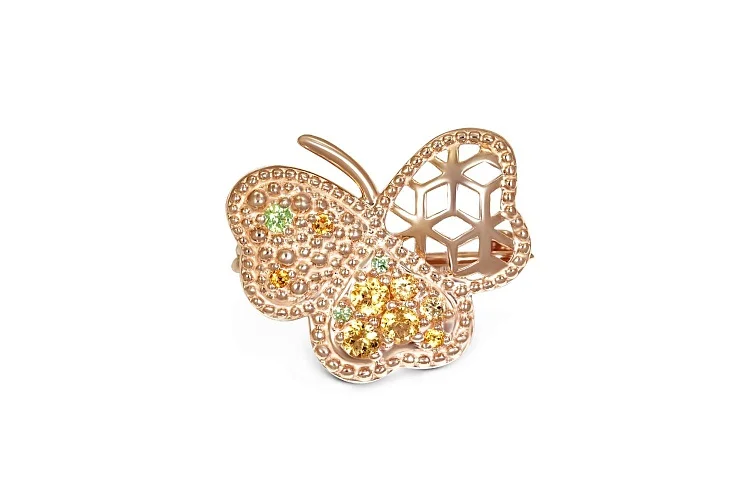 Брошь Клевер из красного золота с 8 цитринами и 3 фианитами