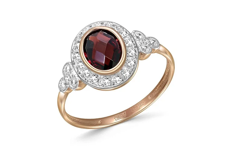 Кольцо из красного золота с гранатом и 22 фианитами