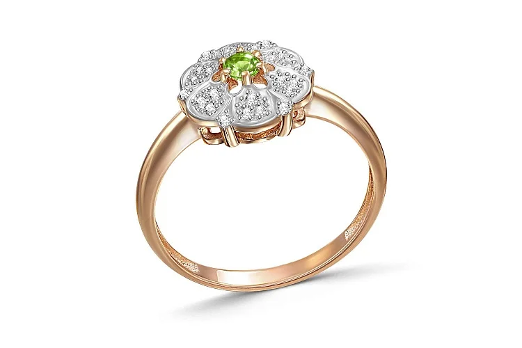 Кольцо Цветок из красного золота с хризолитом и 24 фианитами