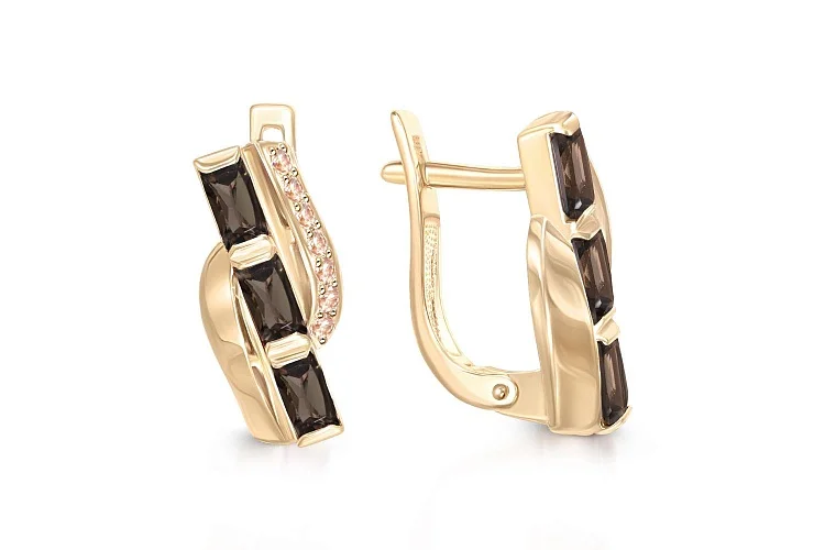 Серьги из жёлтого золота с 6 раухтопазами и 14 фианитами