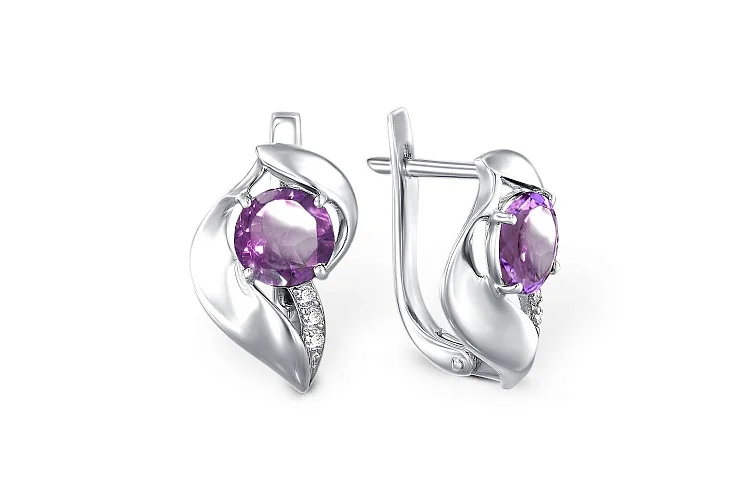 Серьги из белого золота с 2 аметистами и 6 фианитами