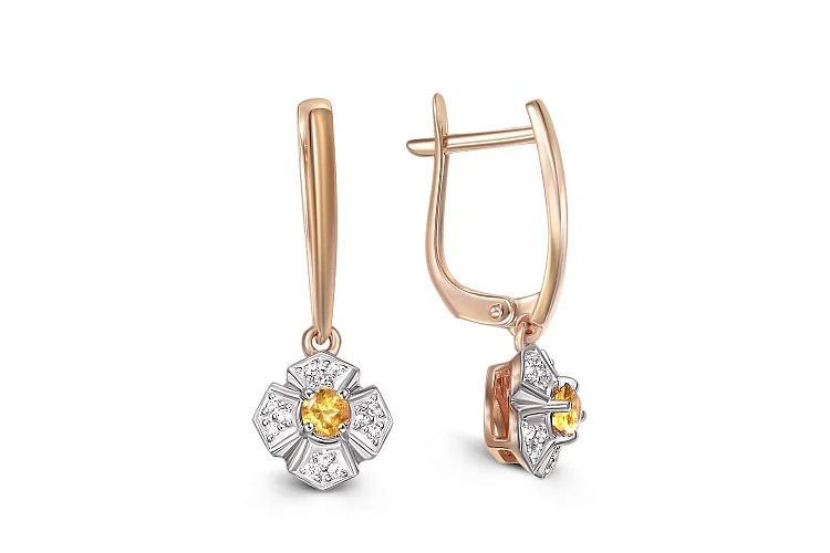 Серьги Цветы из красного золота с 2 цитринами и 24 фианитами