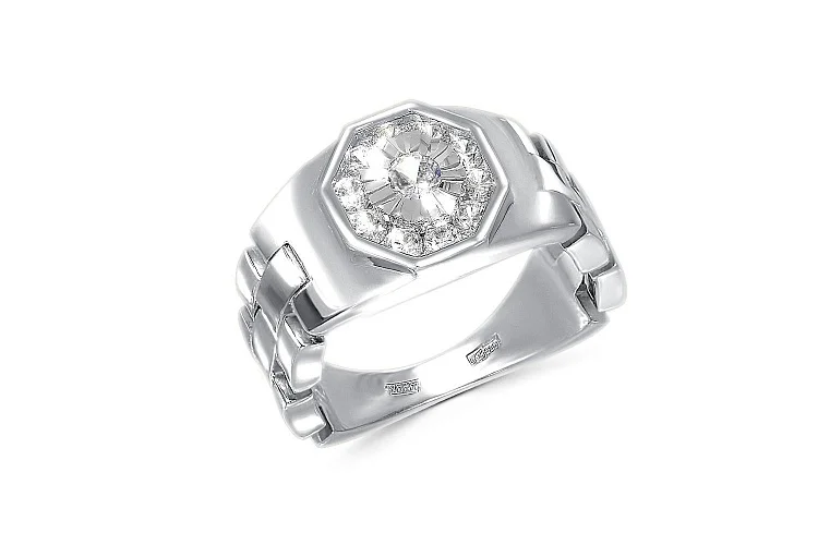 Печатка из белого золота с 11 фианитами