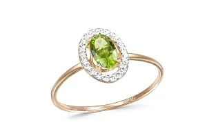 Кольцо из красного золота с хризолитом и 20 фианитами