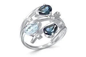 Кольцо из белого золота с топазами лондон, фианитами и топазом sky
