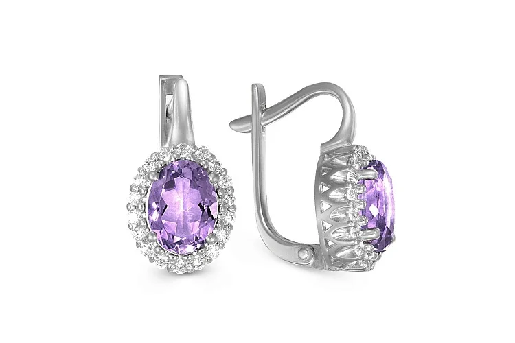 Серьги из белого золота с 2 аметистами и 36 фианитами