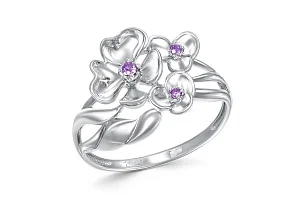 Кольцо Цветок из белого золота с 3 аметистами