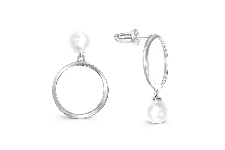 Серьги-пусеты Круги из белого золота с 2 жемчужинами