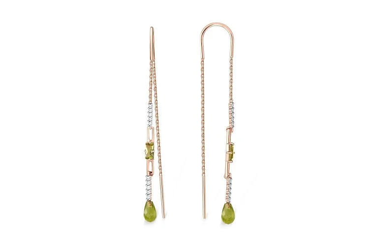 Серьги-продёвки из красного золота с 4 хризолитами и 20 фианитами