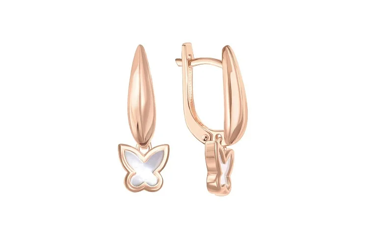 Серьги Бабочки из красного золота с перламутром