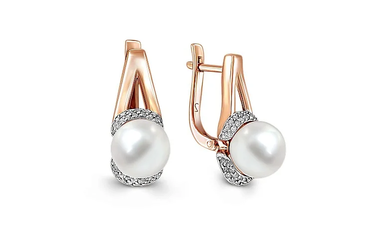 Серьги из красного золота с 2 жемчужинами и 84 бриллиантами
