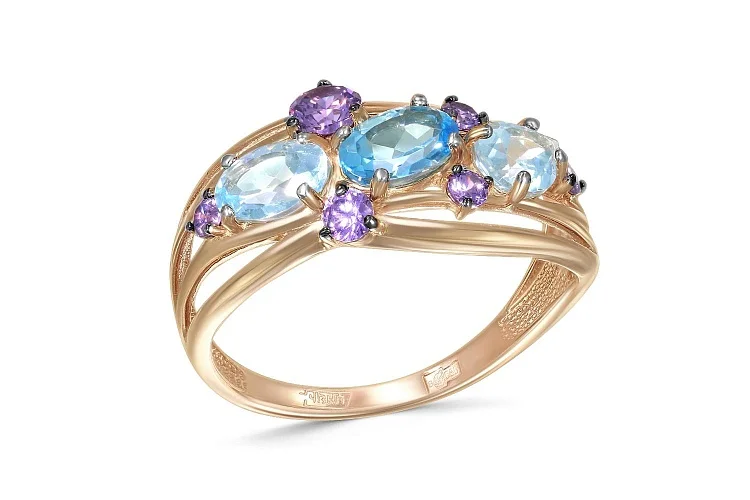 Кольцо из красного золота с топазами sky, топазом swiss и фианитами