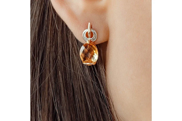 Серьги из красного золота с 2 цитринами и 4 фианитами