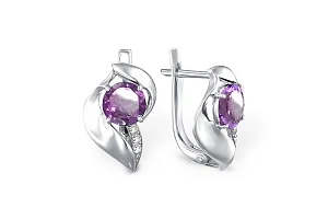 Серьги из белого золота с 2 аметистами и 6 фианитами