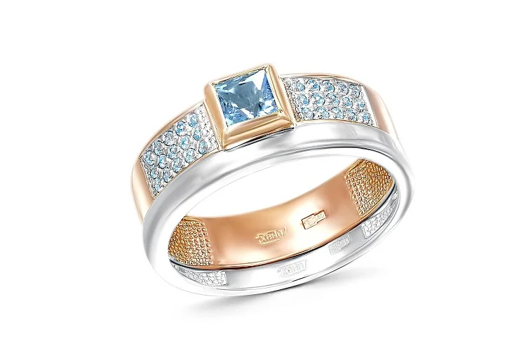 Кольцо из красного золота с топазом swiss и 30 фианитами