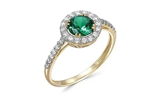 Кольцо из жёлтого золота с изумрудом и 28 фианитами