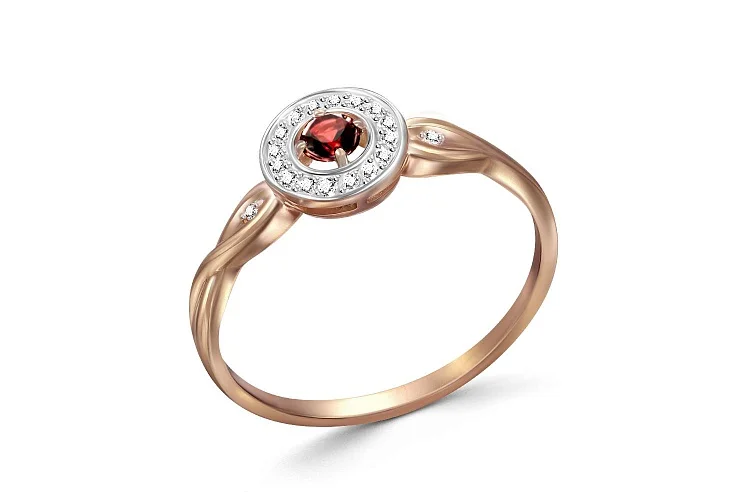 Кольцо из красного золота с гранатом и 18 фианитами