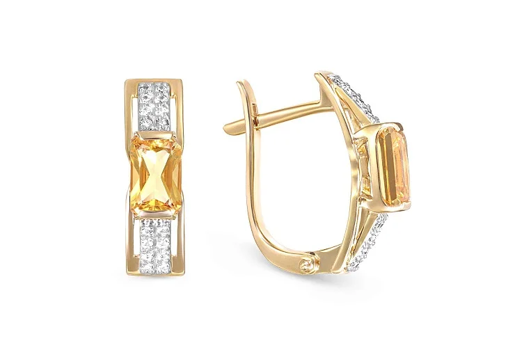 Серьги из жёлтого золота с 2 цитринами и 32 фианитами