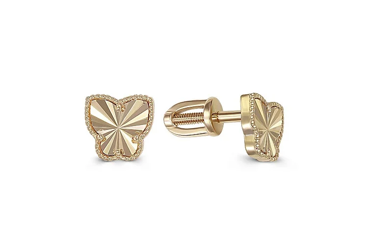 Серьги-пусеты Бабочки из жёлтого золота без вставок