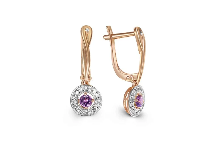Серьги из красного золота с 2 аметистами и 34 фианитами