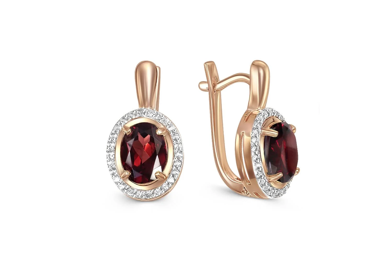 Серьги из красного золота с 2 гранатами и 52 фианитами