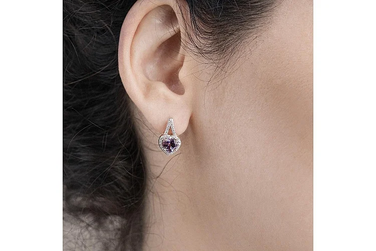 Серьги Сердца из красного золота с 2 аметистами и 54 фианитами