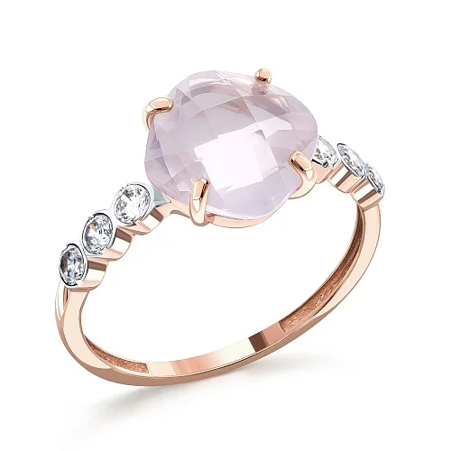 Кольцо из красного золота с кварцем и 6 фианитами