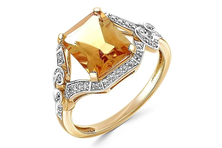 Кольцо из жёлтого золота с цитрином и 40 фианитами