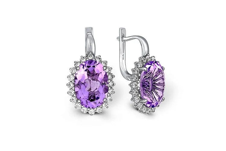 Серьги из белого золота с 2 аметистами и 40 фианитами