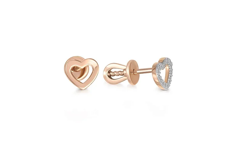 Серьги-пусеты Сердца из красного золота с 16 фианитами