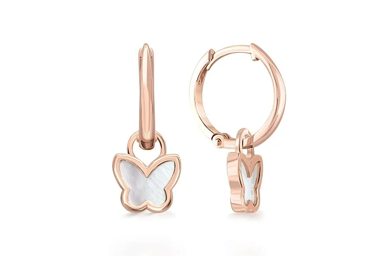 Серьги-трансформеры Бабочки из красного золота с перламутром