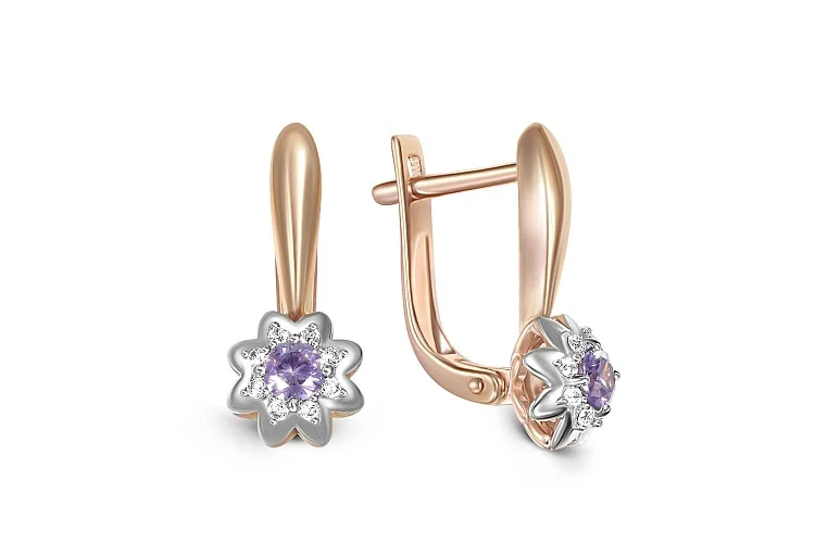 Серьги Цветы из красного золота с 18 фианитами