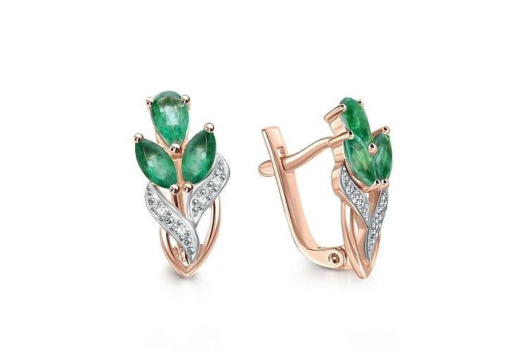 Серьги Цветы из красного золота с 6 изумрудами и 8 бриллиантами