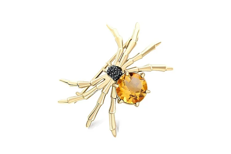 Брошь Паук из жёлтого золота с цитрином и 10 бриллиантами