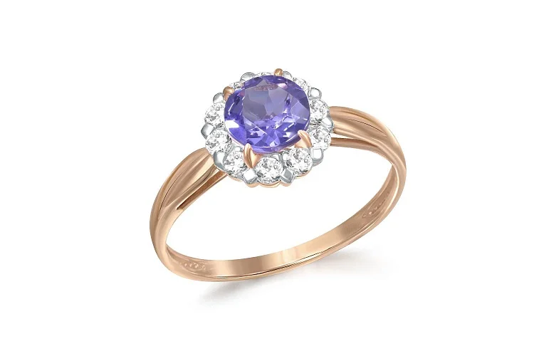 Кольцо из красного золота с ситаллом и 10 фианитами