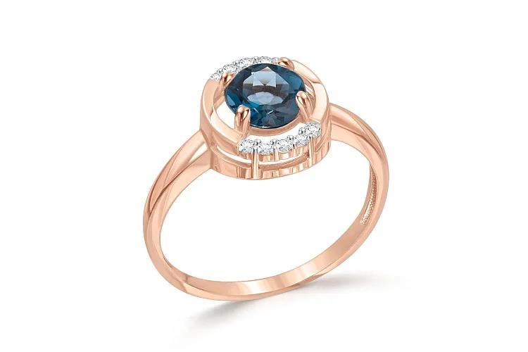 Кольцо из красного золота с топазом лондон и 10 фианитами