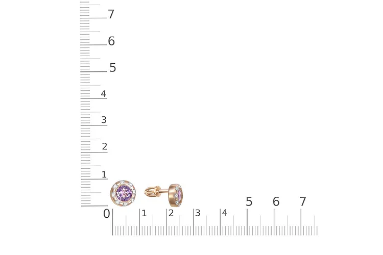 Серьги-пусеты из красного золота с 2 аметистами и 16 фианитами